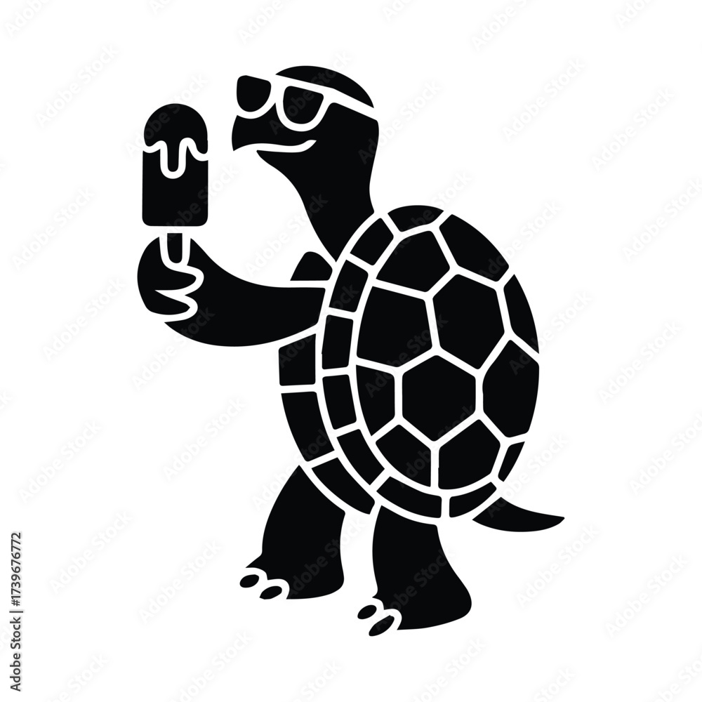Obraz premium Funny cartoon turtle wearing sunglasses enjoys cold ice cream treat on hot day silhouette silhouette