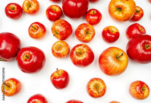 Infinite repeating pattern of red apples on white background, ripe, diet