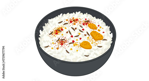 A bowl of white rice topped with spices chili flakes and three yellow pieces The bowl is dark grey