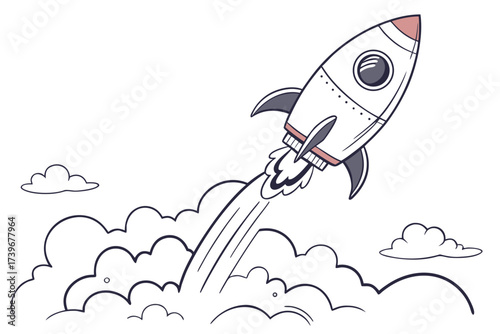 Cartoon rocket taking off with smoke and rising upwards