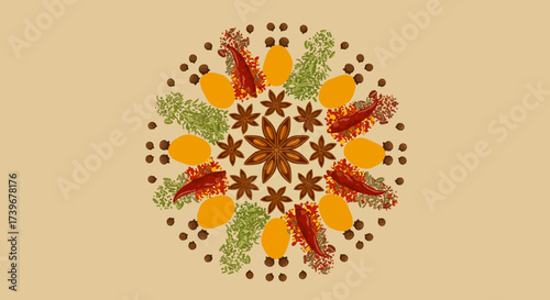 A circular arrangement of spices including star anise peppers and herbs on a beige background