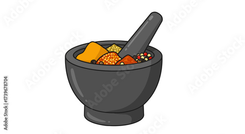 A mortar filled with diverse spices and a pestle