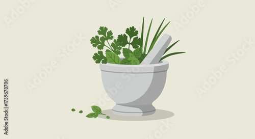A mortar and pestle filled with green herbs including cilantro and chives sits on a lightcolored surface