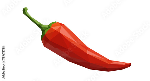 A lowpoly red chili pepper with green stem on a white background