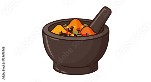 A mortar with spices including turmeric powder pepper cloves and seeds A pestle rests inside the mortar
