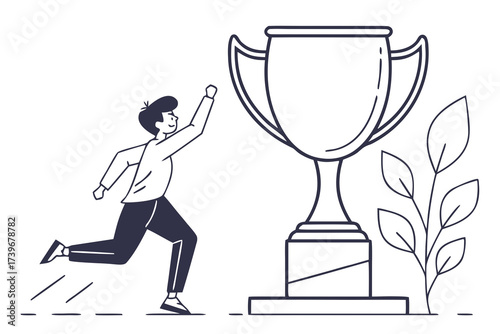 Man running toward a trophy representing achievement