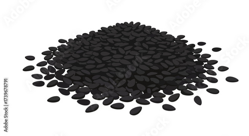 A pile of black ovalshaped seeds is scattered across a white surface