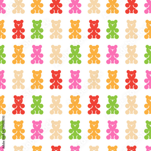 Gummy bears seamless pattern. Marmalade bears colorful decoration. The concept of sweets. Flat design. White background. Vector cartoon illustration.