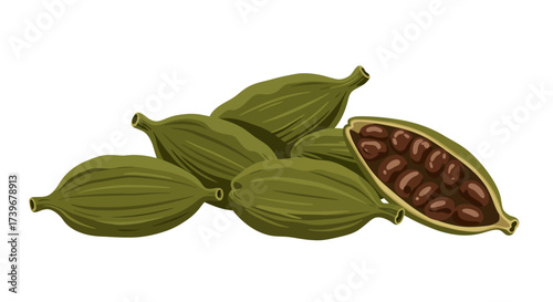 A pile of green cardamom pods with one split open revealing dark brown seeds