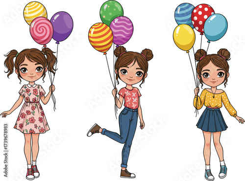 Cute little girls holding colorful balloons, happy children in trendy clothes, cartoon characters smiling, childhood celebration, playful kids, friendship, joy, fun