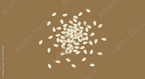 A scattering of sesame seeds clustered in the center of a tan background