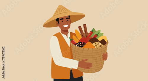 A smiling man carries a basket filled with spices fruits and vegetables