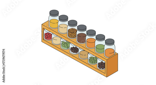 A spice rack holds jars filled with colorful spices on shelves
