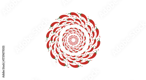 A spiral arrangement of red chili peppers with decreasing size towards the center on a white background