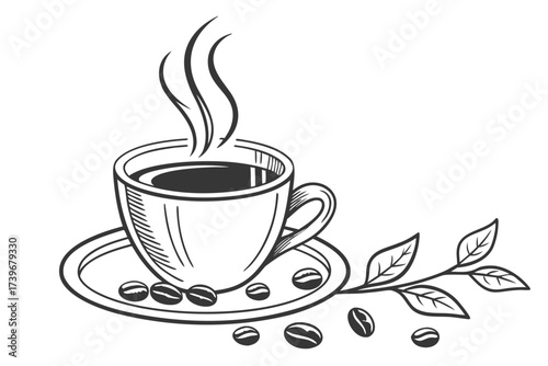 Steaming cup of coffee with beans in a minimalist design