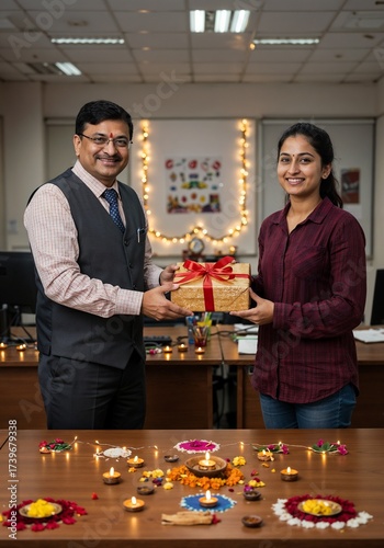 Man and woman exchanging a gift box in an office setting decorated for diwali with lights and rangoli, signifying corporate celebration