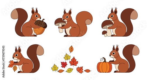 Cute Cartoon Squirrels Collecting Acorns Mushrooms and Leaves for Autumn Harvest Winter Preparation