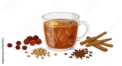 A steaming cup of herbal tea is surrounded by various spices and fruits