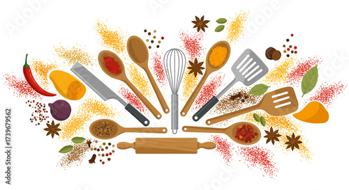 A vibrant assortment of kitchenware spices and ingredients arranged in a decorative composition