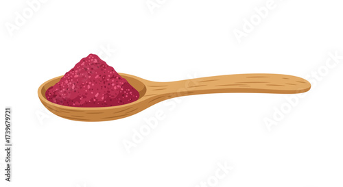 A wooden spoon holds a pile of reddishpurple powder