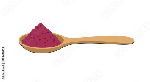 A wooden spoon is holding a mound of purple powder