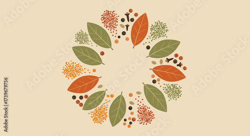 A wreath of leaves spices and peppercorns on a tan backdrop