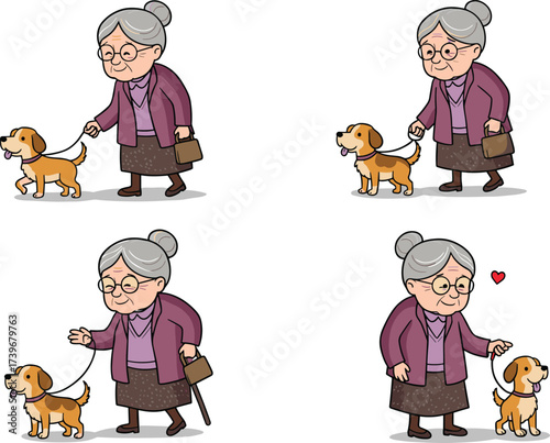 Elderly woman walking dog, cute grandmother with pet beagle puppy, senior lady showing love and care, lifestyle cartoon illustration vector