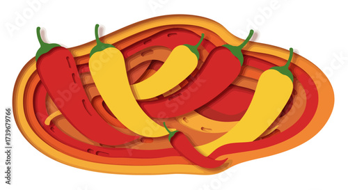 An arrangement of red and yellow chili peppers inside stacked curved shapes in red orange and yellow tones