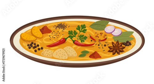 An oval plate of spicy curry with chili peppers herbs  various spices