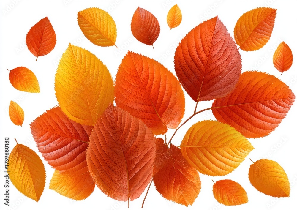 Obraz premium Image shows vivid orange and yellow leaves, some on branches, scattered against a white background