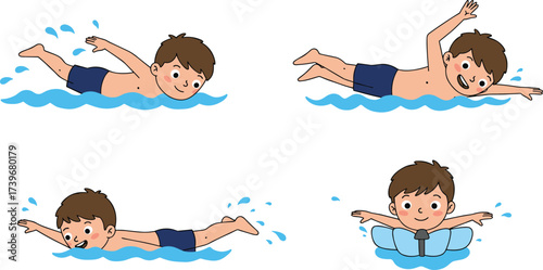 Happy cartoon boy swimming in pool, kids learning to swim, water sport, summer fun, healthy lifestyle, aquatic activity, fitness training