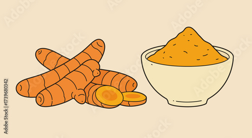 Cartoon illustration of turmeric roots and powder in a bowl on a light background