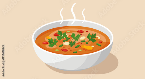 Cartoon soup bowl filled with broth vegetables herbs  rising steam on beige surface