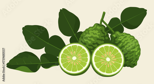 Citrus fruits and leaves with cut halves exposing inner segments