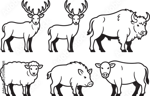 Collection of Farm Animals and Wild Animals in Black and White Outline Style Vector Illustration for Education and Design Projects