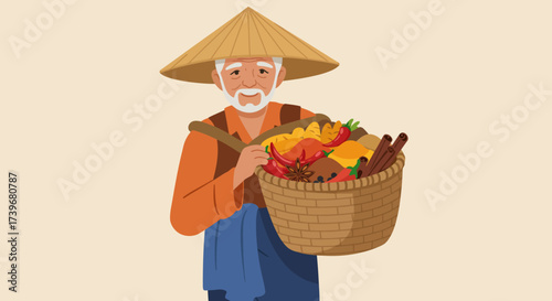 Elderly man in conical hat holding a basket of spices and herbs