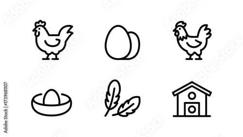 Vector art of farm fresh icons featuring chicken, eggs, nest, feather, and barn in a clean and minimalist line art style