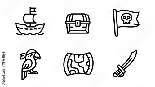 Vector art of pirate adventure icons ship, treasure chest, flag with skull, parrot, map, and sword, all in a simple line style