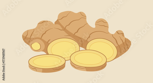 Ginger root and sliced pieces are presented