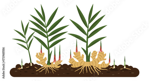 Ginger plants growing in soil featuring rhizomes roots green shoots