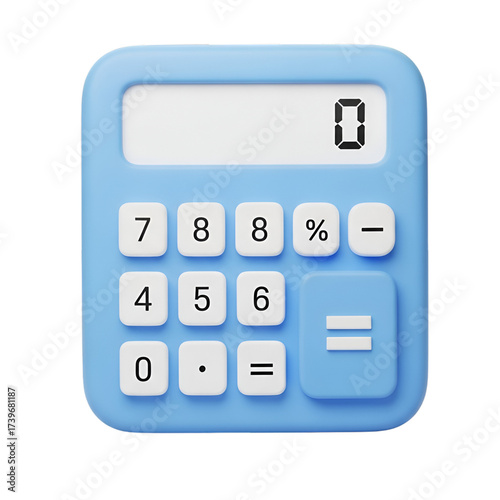 Blue 3d calculator with a display showing zero isolated on transparent background