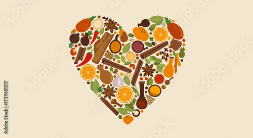 Heart shape filled with various spices herbs citrus and ingredients arranged on a beige background