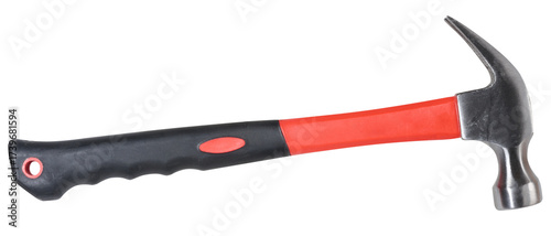 Foto A claw hammer with a silver metal head and an ergonomic black and red handle