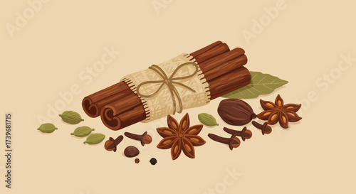 Illustration of tied cinnamon sticks with spices cardamom cloves anise nutmeg and bay leaf