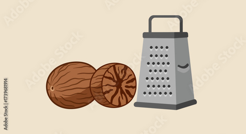 Nutmegs sit next to a grater