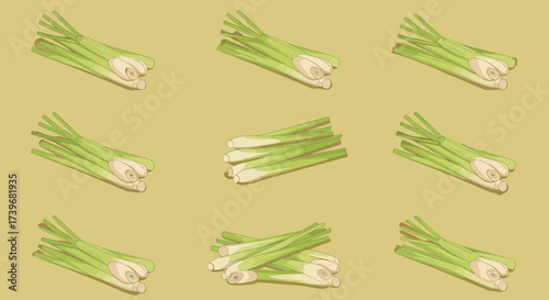 Nine lemongrass bunches arranged in a grid pattern on a muted yellow background