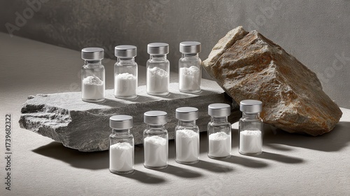 A stack of small sealed glass vials filled with white powder