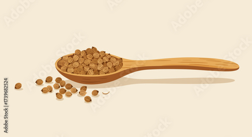 Spoonful of coriander seeds with some scattered nearby on a pale surface