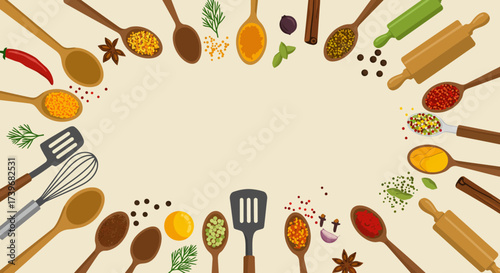 Spices tools  ingredients create a frame on a beige background