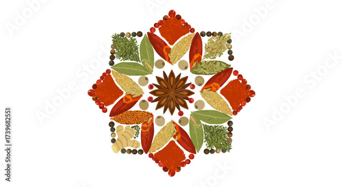 Star pattern assorted herbs and spices arranged symmetrically around a central star anise on a white backdrop